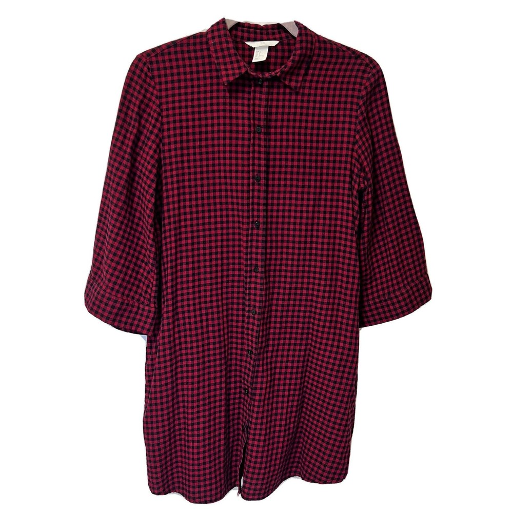 H&M Red Black Check Cotton Shirt Dress Long Tunic Side Pockets Size 2